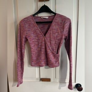 SO Pink Multi-Tone Ribbed Wrap Long-Sleeve Crop Top